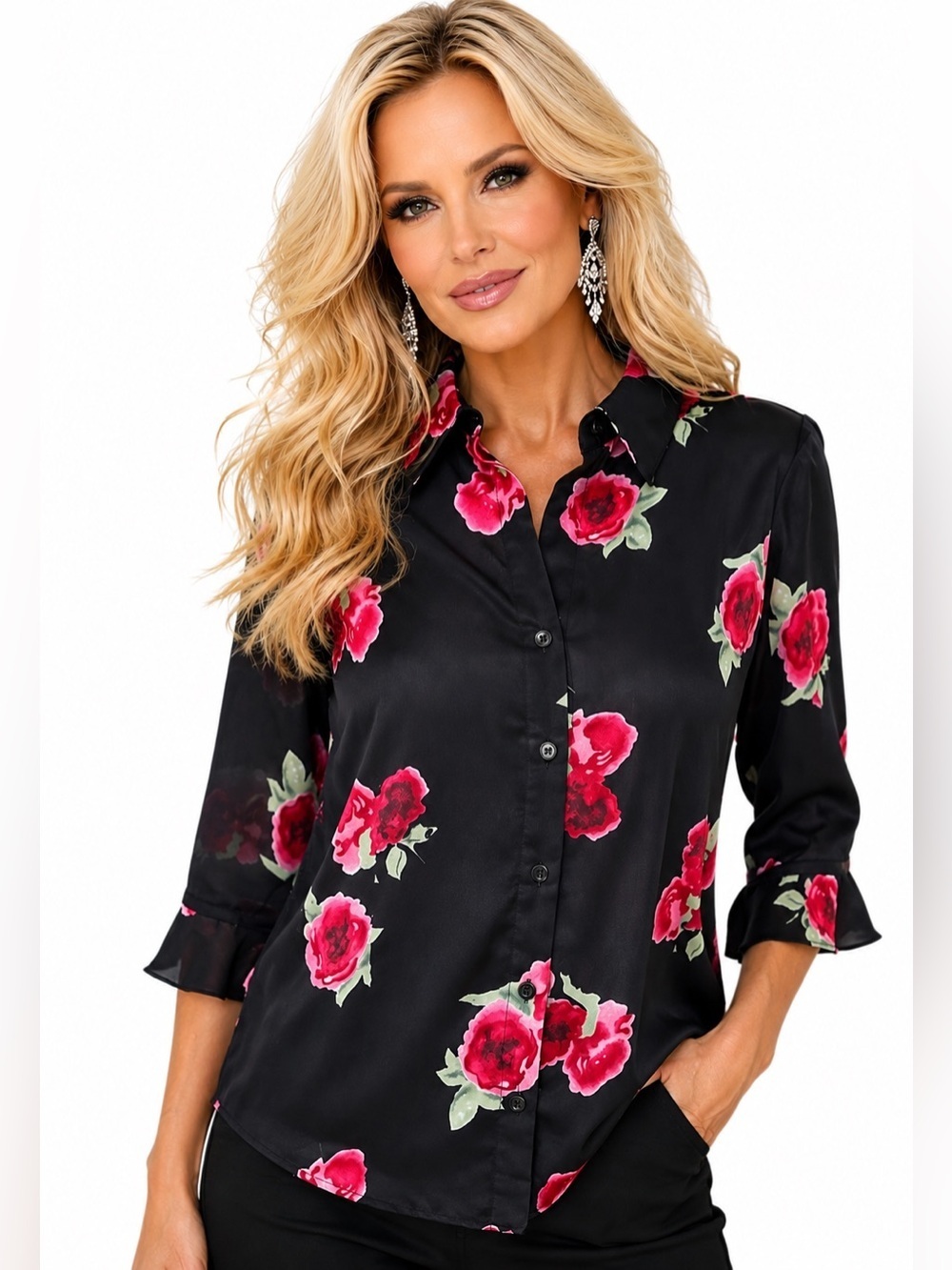 Jonathan Martin Black Floral Rose Button Front Blouse 3/4 Ruffle Sleeve Size 12